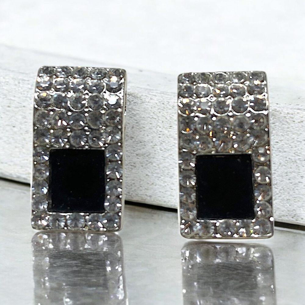 Vintage 1980's Petite Pave Crystal Black Enamel Pierced Earrings Couture Runway